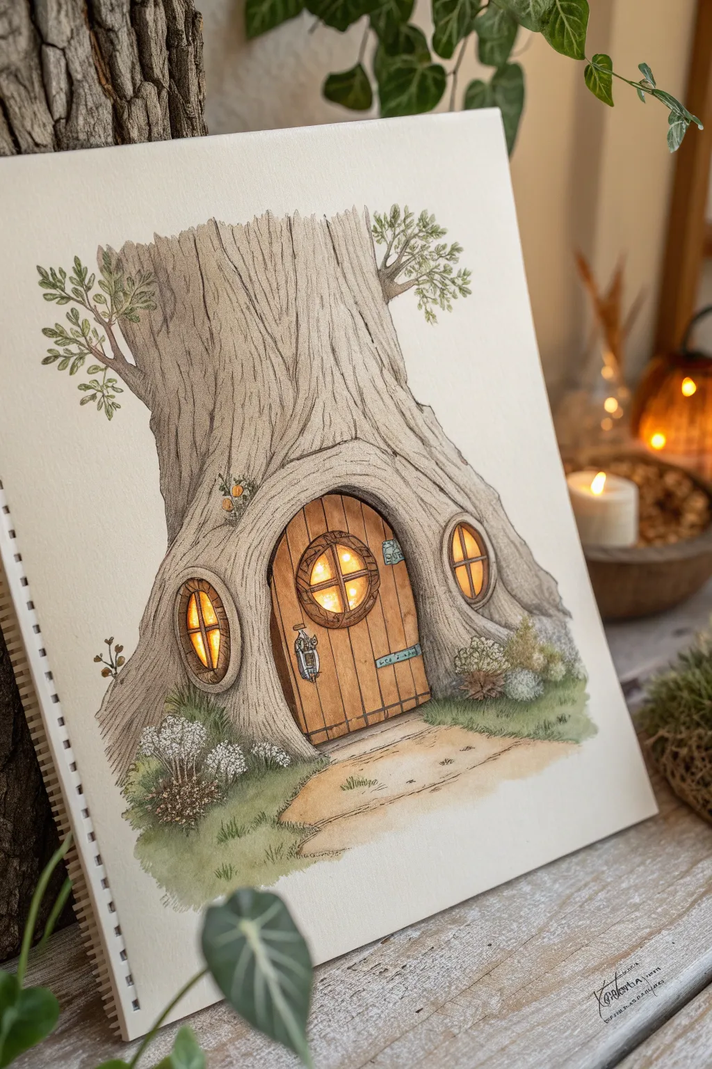 Hollow-trunk hideout tree house idea with warm window glow, simple lines, and rich wood grain