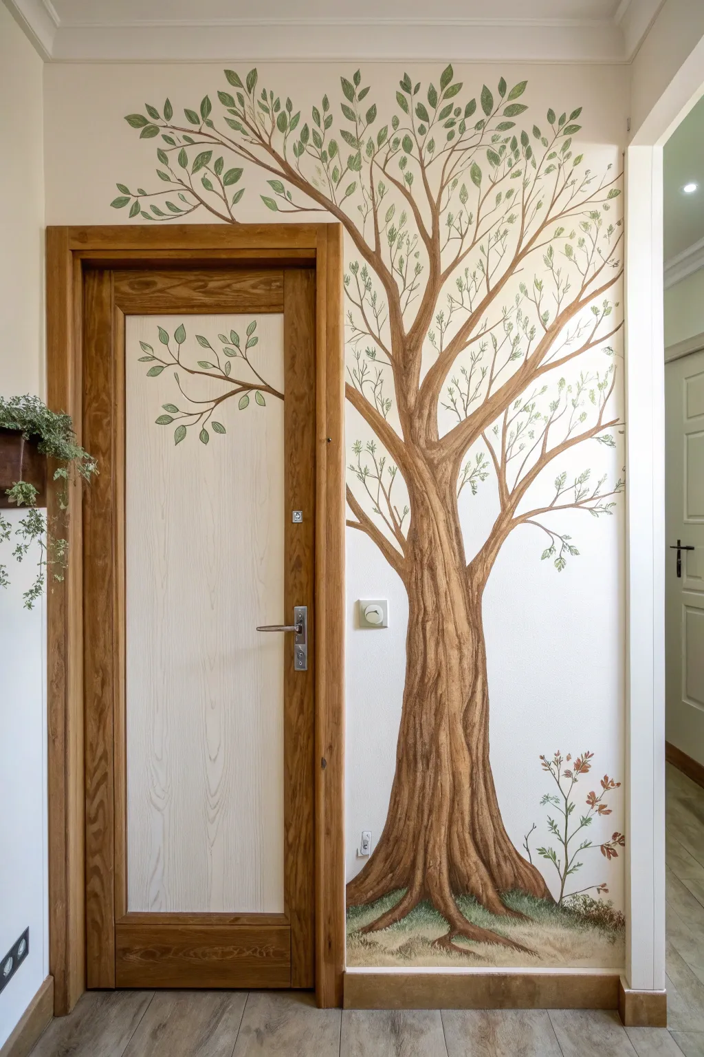 Doorway tree mural illusion where bark-painted trim makes the door feel tucked inside a calm forest.