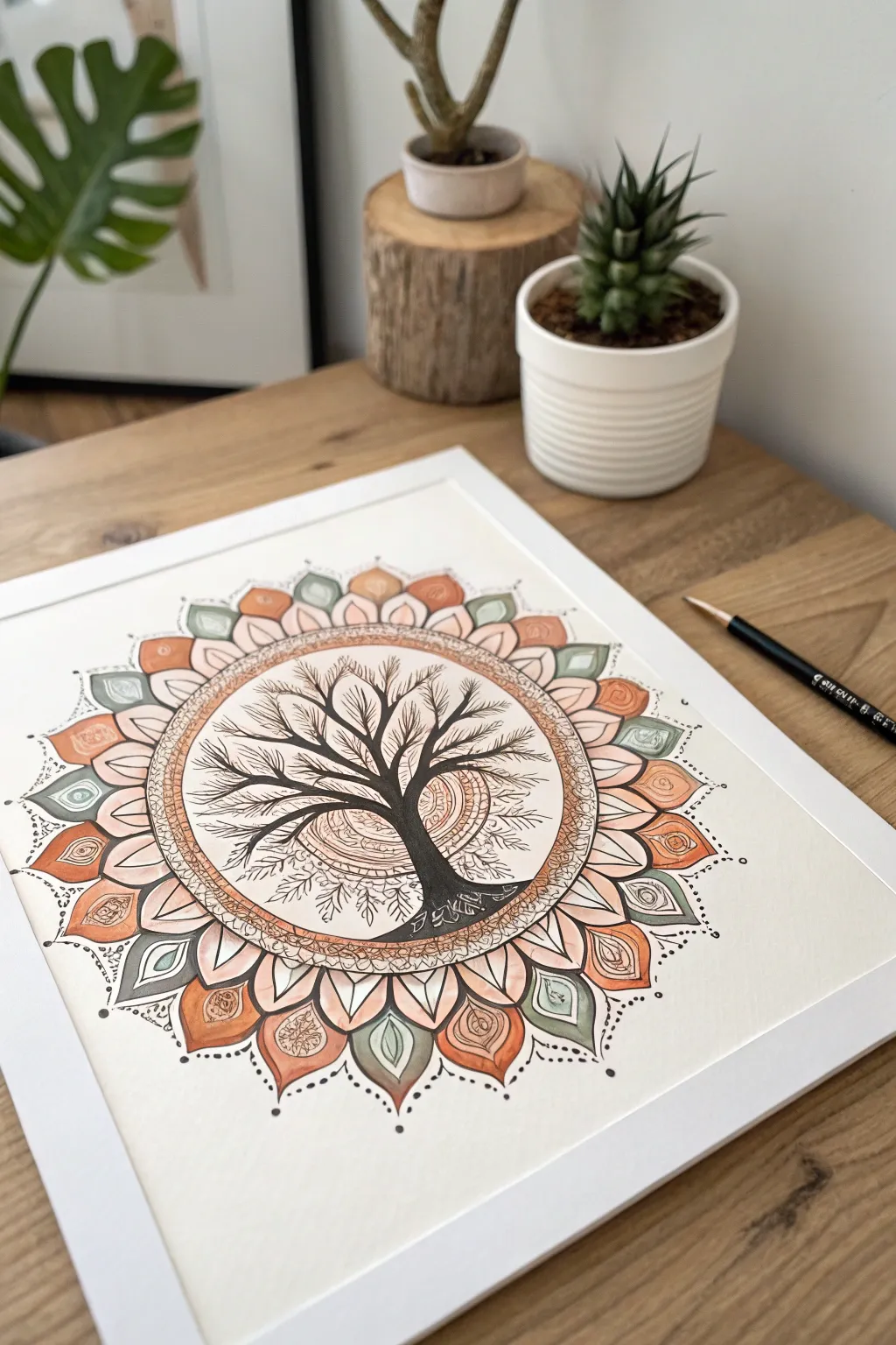 Mandala circle Tree of Life centerpiece with crisp symmetry, boho neutrals, and calming contrast.