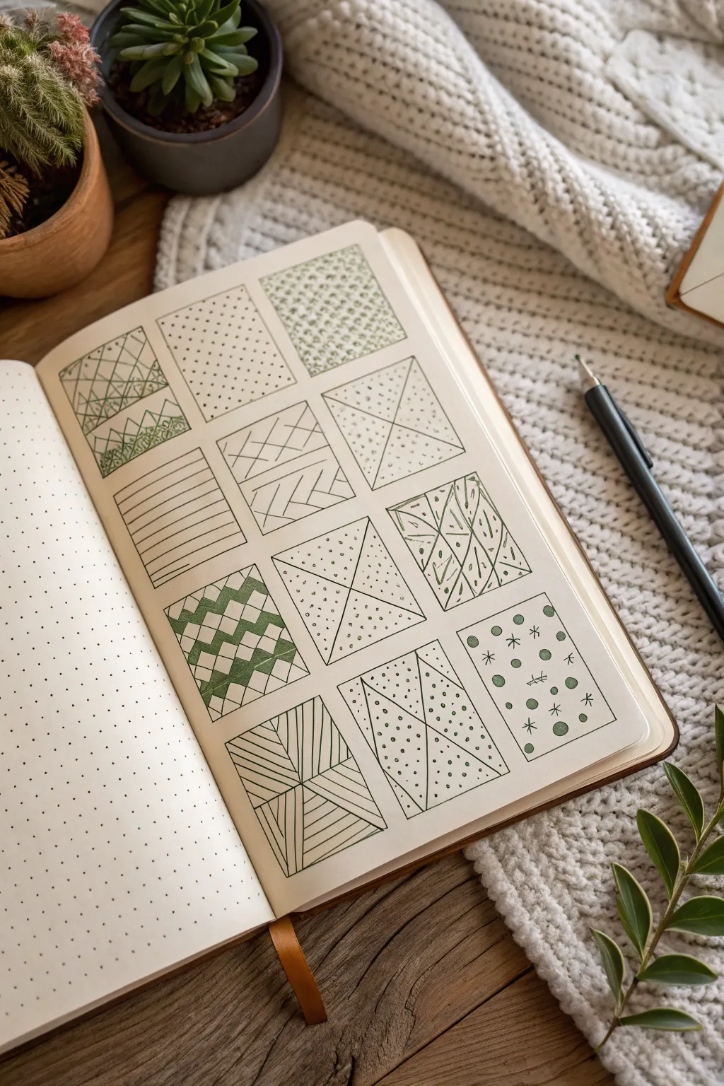 Triangle grid pattern sampler with mini motifs for minimalist boho drawing practice