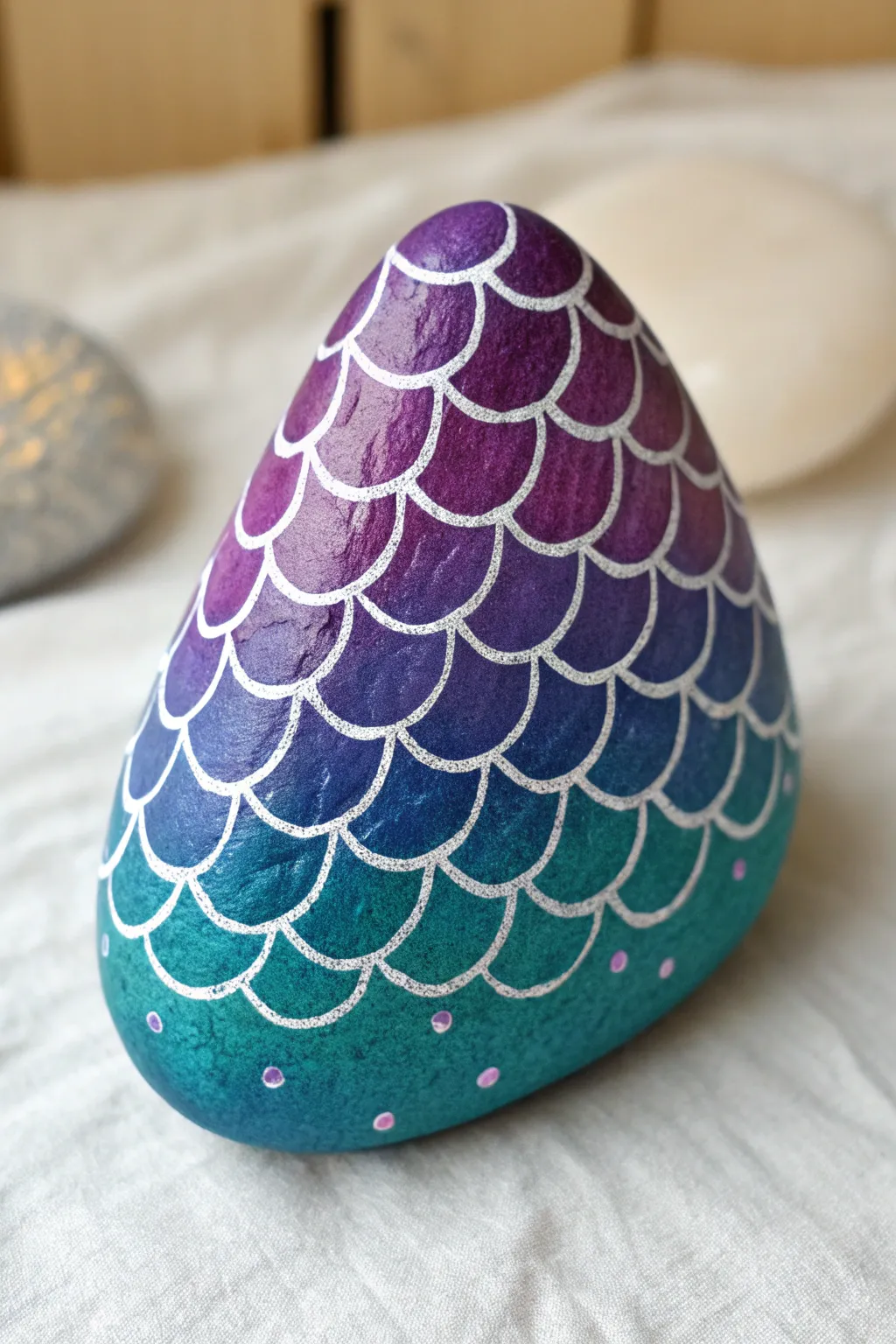 Mermaid tail scales on a triangle rock, flowing from teal to purple with metallic sparkle.