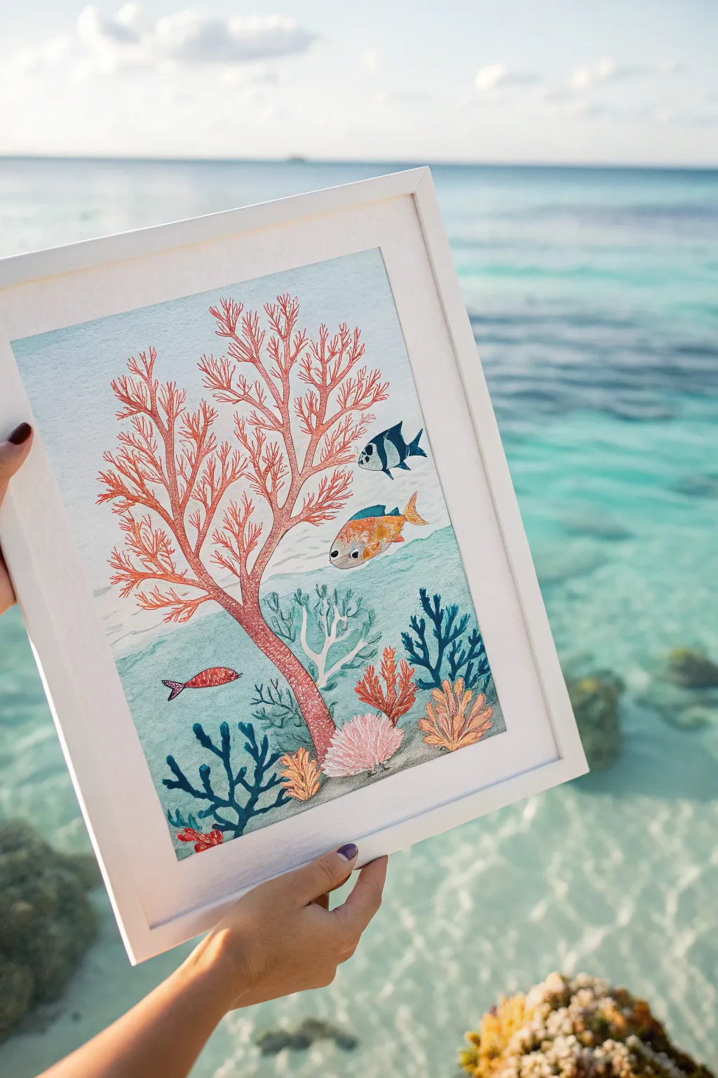 Minimalist coral garden watercolor with tropical fish silhouettes, sun rays, and calm boho tones