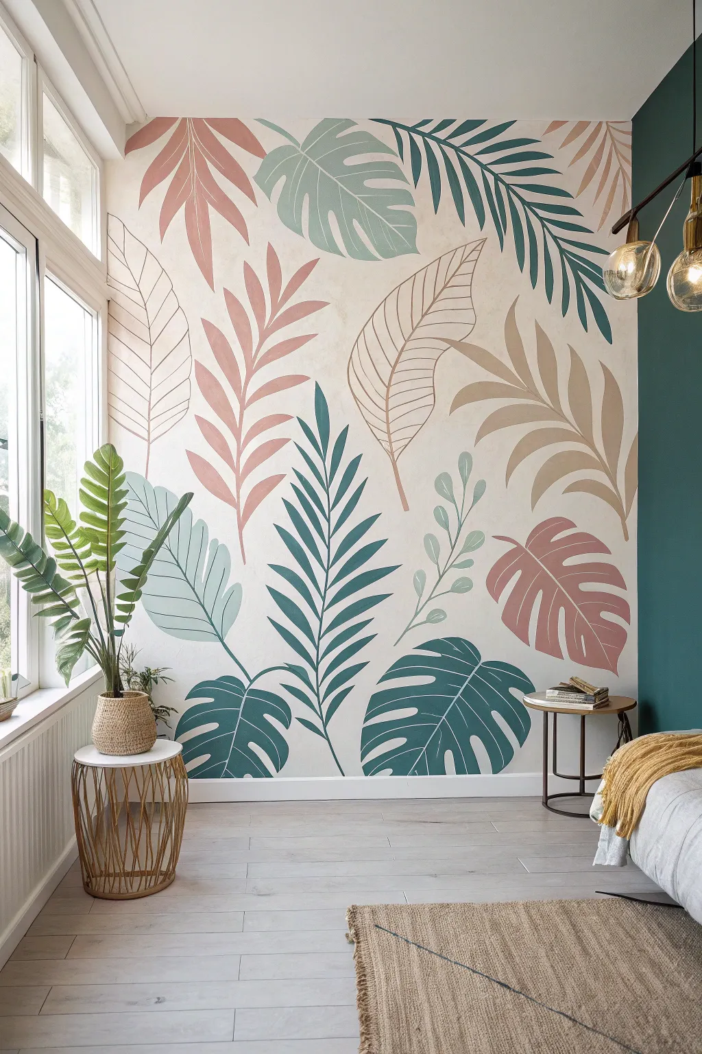 Abstract tropics mural with crisp color-block leaves in teal, blush, and sand tones