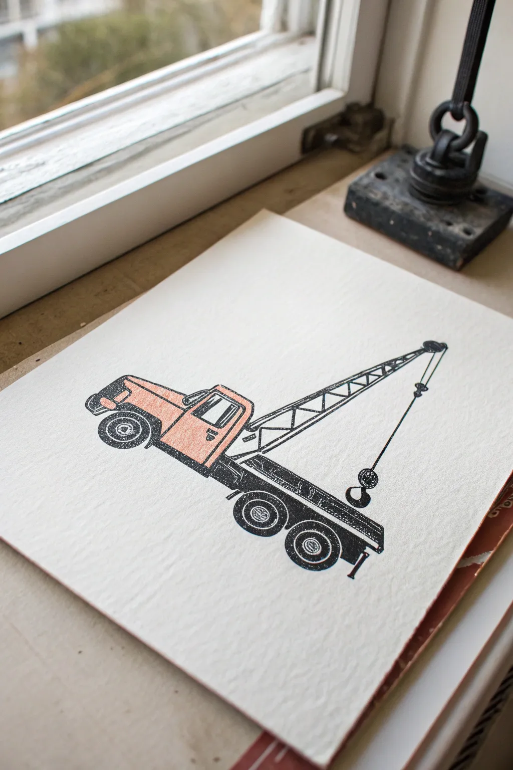 Minimalist tow truck sketch featuring a clear boom, cable line, and hook in crisp contrast