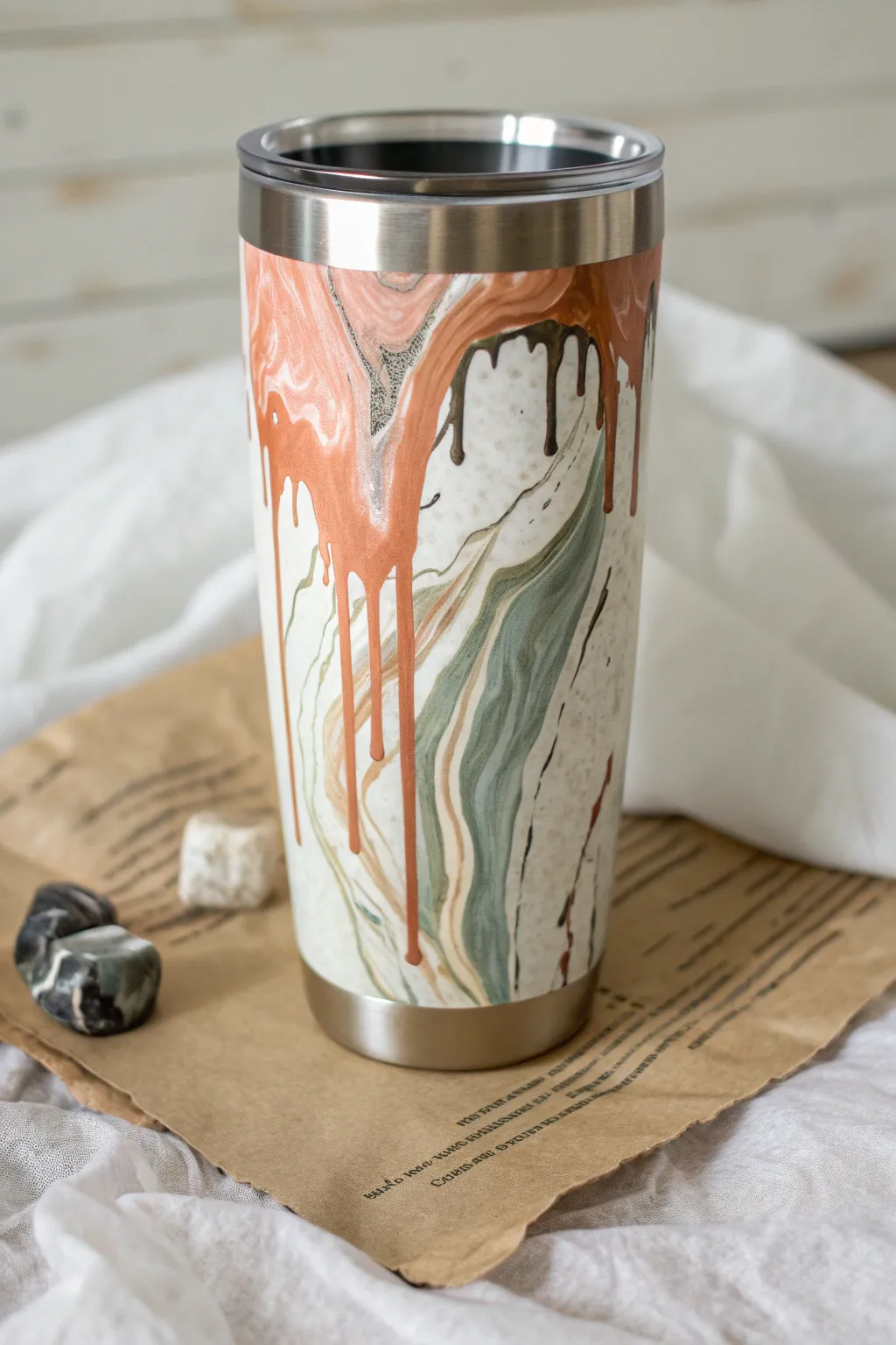 Minimalist drip-melt tumbler with layered color runs and bold contrast for modern boho style.