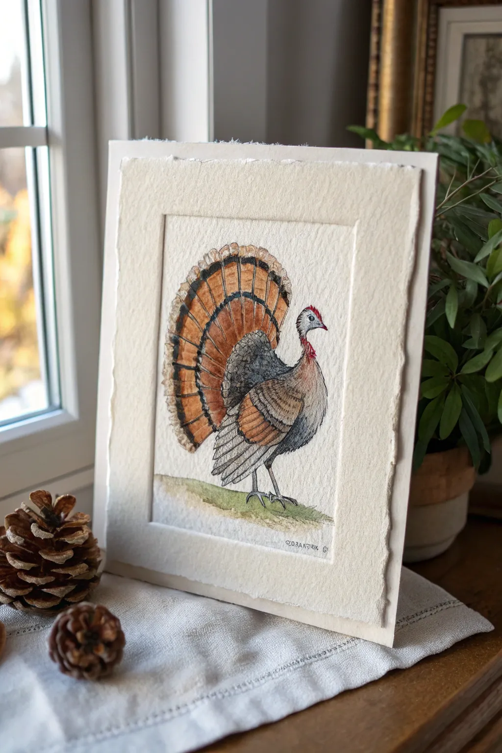 Bubble-stamped turkey tail feathers with tactile texture, minimalist body, cozy neutral tones