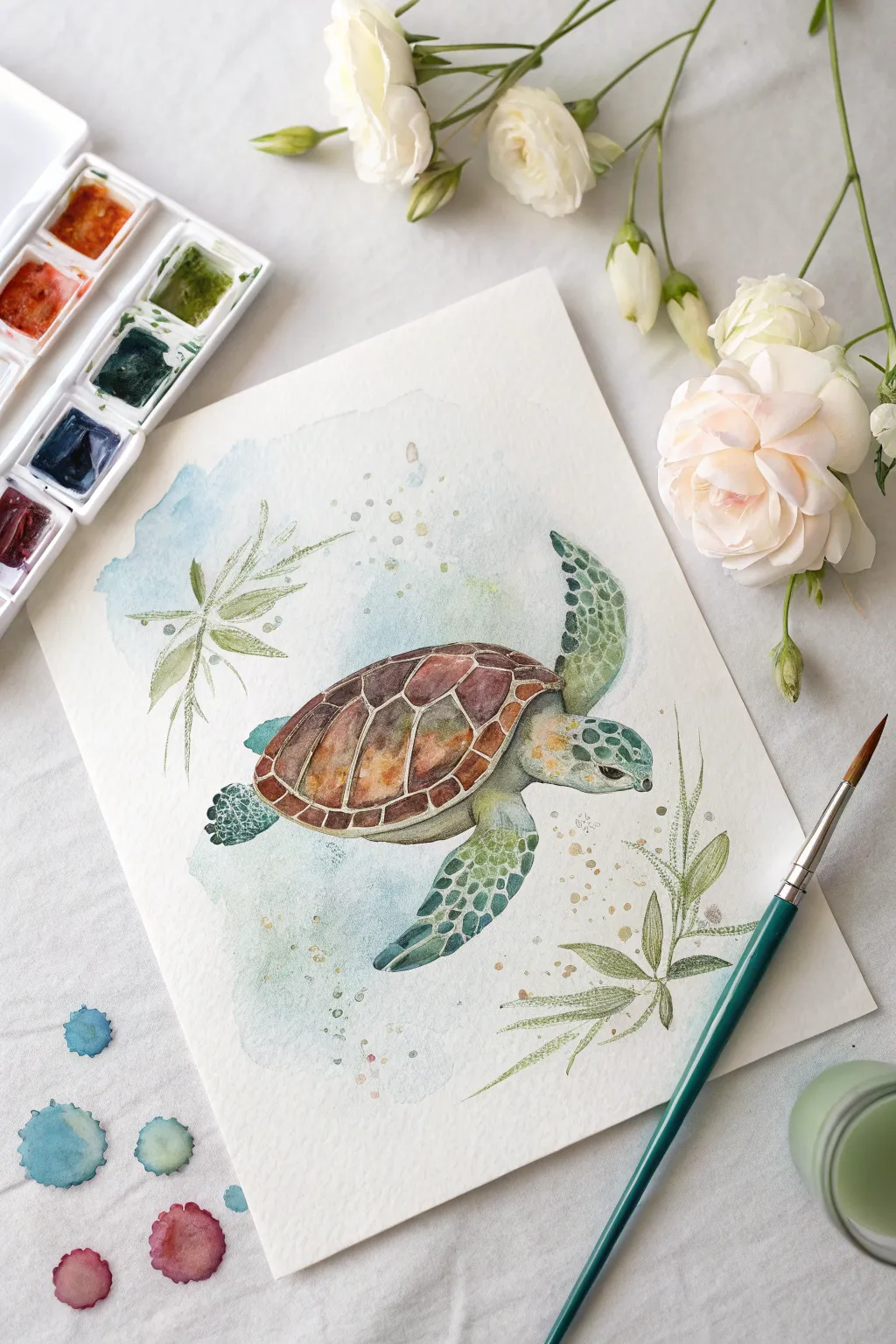 Soft watercolor turtle washes in greens and browns, airy blooms and playful splatters.