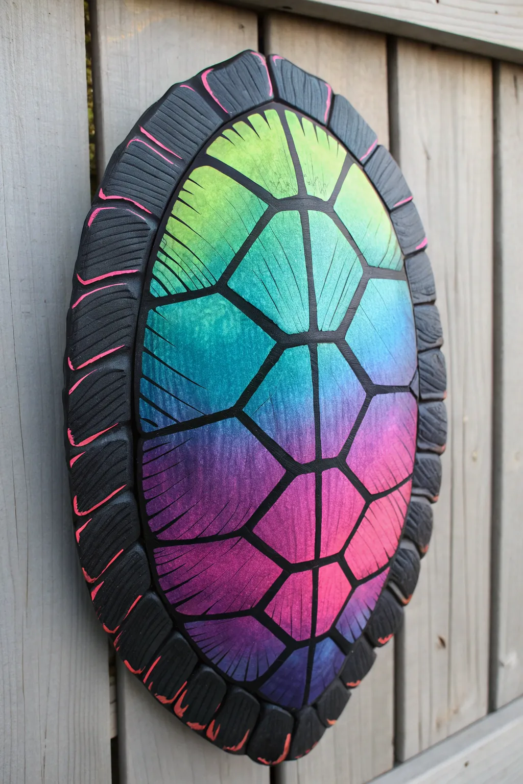 Neon swirls dance between scute lines for a bold, modern turtle shell painting concept.