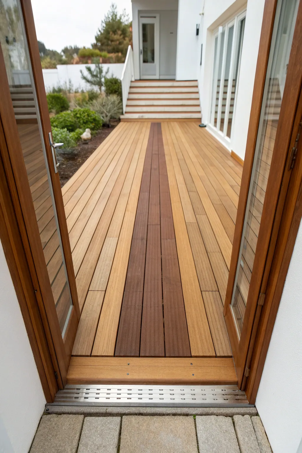Two-tone deck runner stain guiding the eye to the stairs, Scandinavian minimalism with soft boho warmth