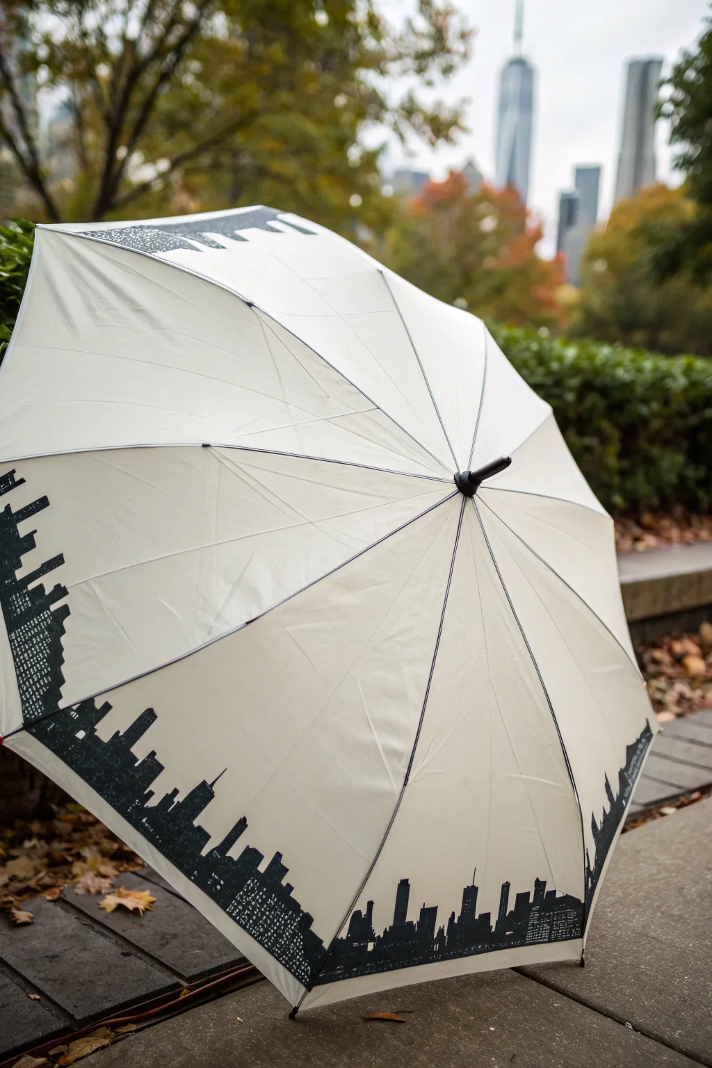Minimal umbrella with a skyline rim silhouette, calm negative space, Scandinavian boho mood
