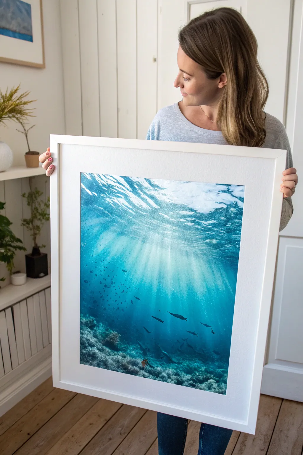 Minimal underwater watercolor looking up to rippling light, an easy under-the-sea painting idea