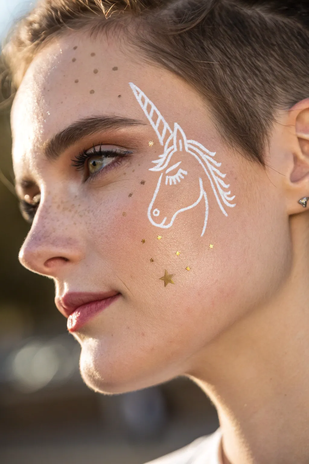 Minimal line-art unicorn cheek paint with tiny stars, Scandinavian clean and softly boho.