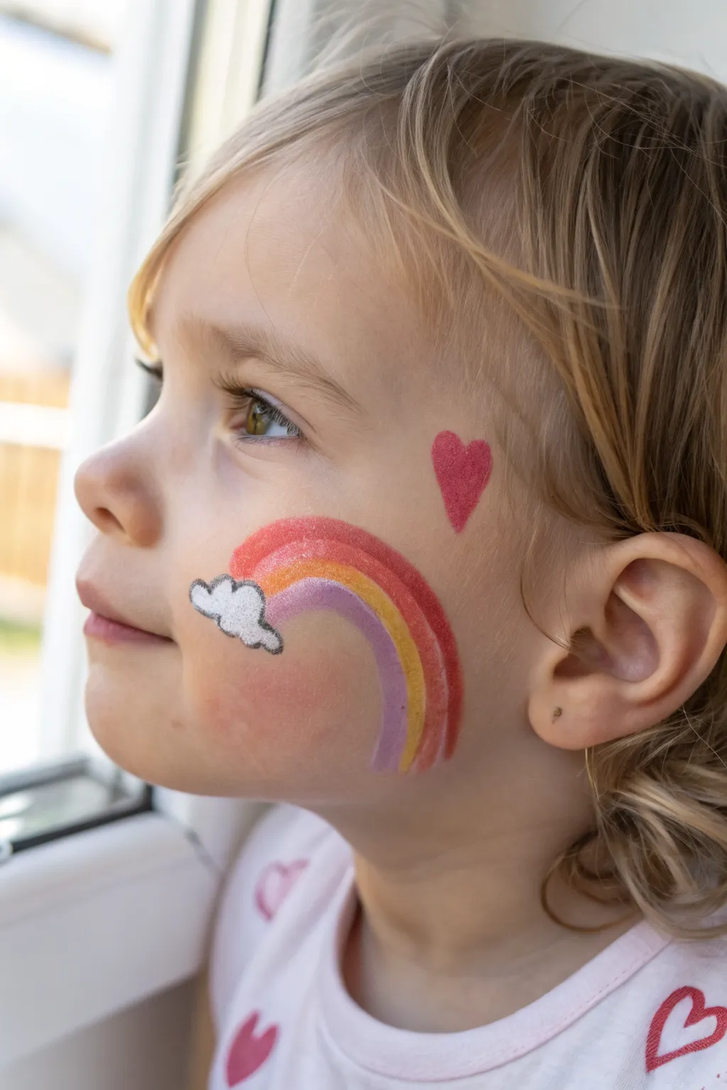 Sweet Valentine rainbow face paint with heart ends, simple and kid-friendly for easy recreating