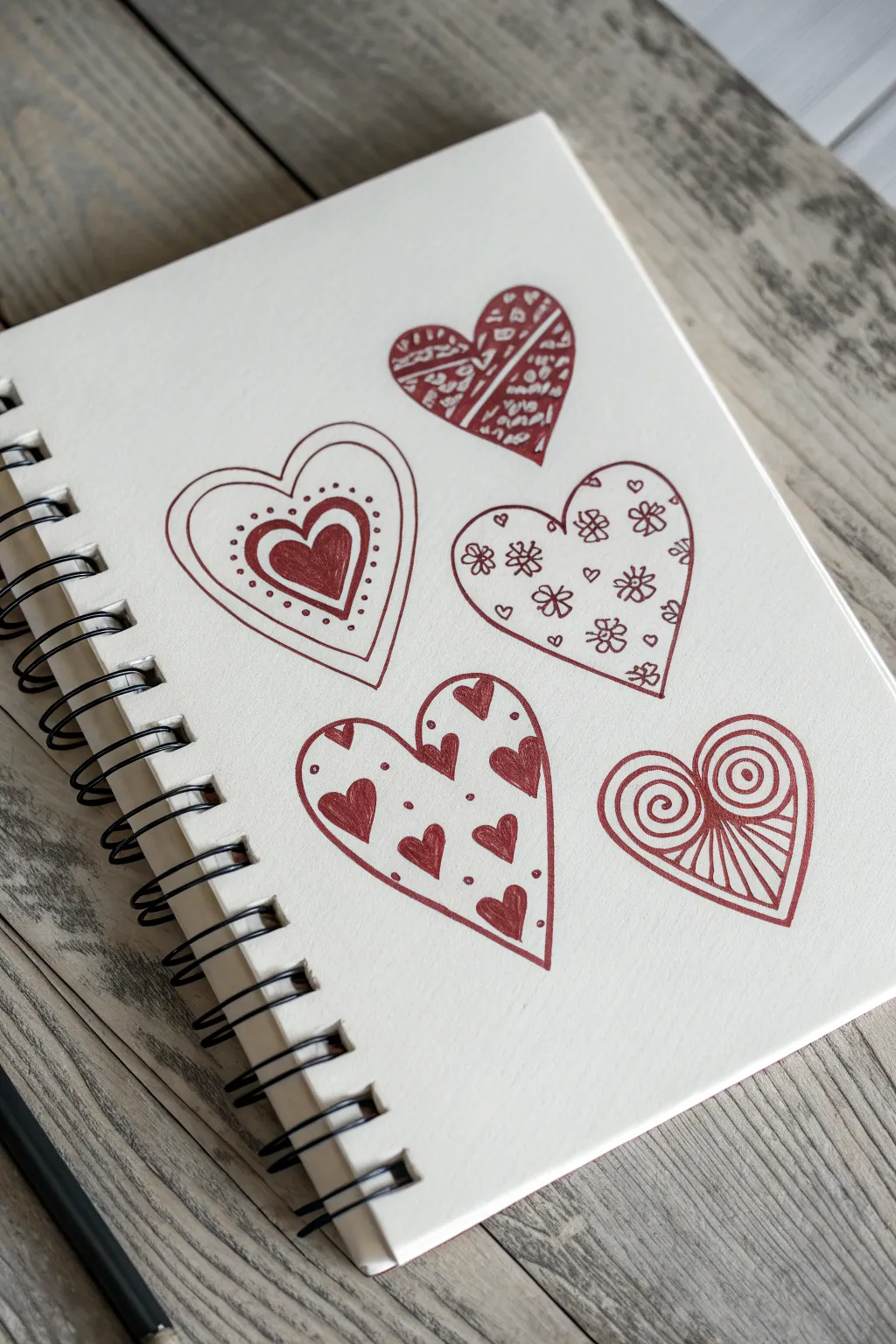 Pattern-filled ink hearts with one bold red accent for minimalist Valentine drawing inspiration