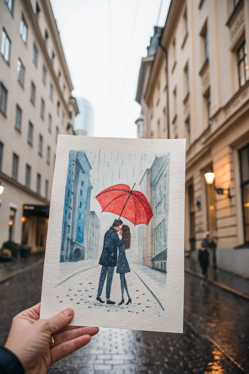 Minimalist rainy street painting: bold red umbrella kiss silhouette in cool blue-gray tones.