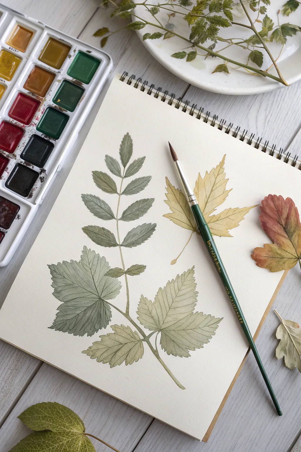Practice value control with leaf silhouettes and bold negative space contrast in soft earthy tones