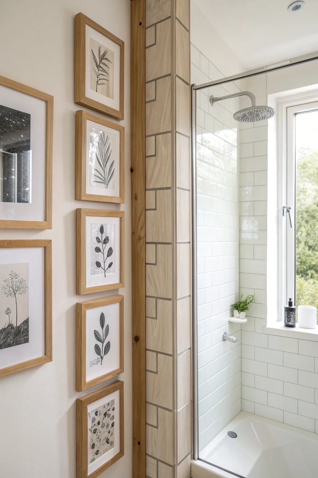 A slim vertical mini gallery strip turns an awkward bathroom wall column into curated decor.