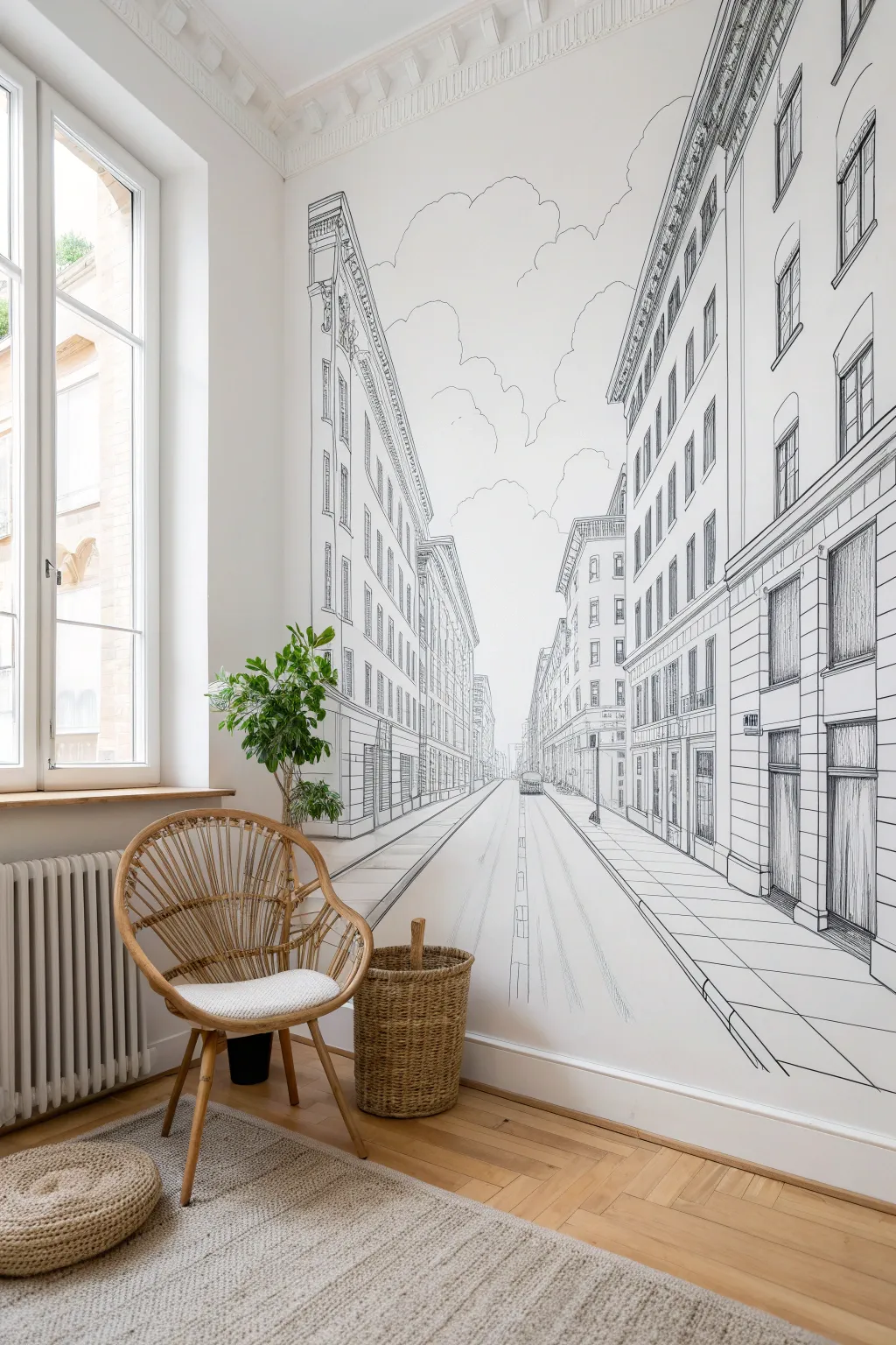 Minimal one-point perspective city wall sketch that visually deepens a calm, airy room