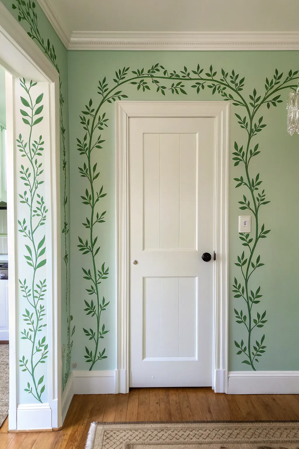 Transform your space with organic hand-painted vines framing a doorway. Simple & elegant.