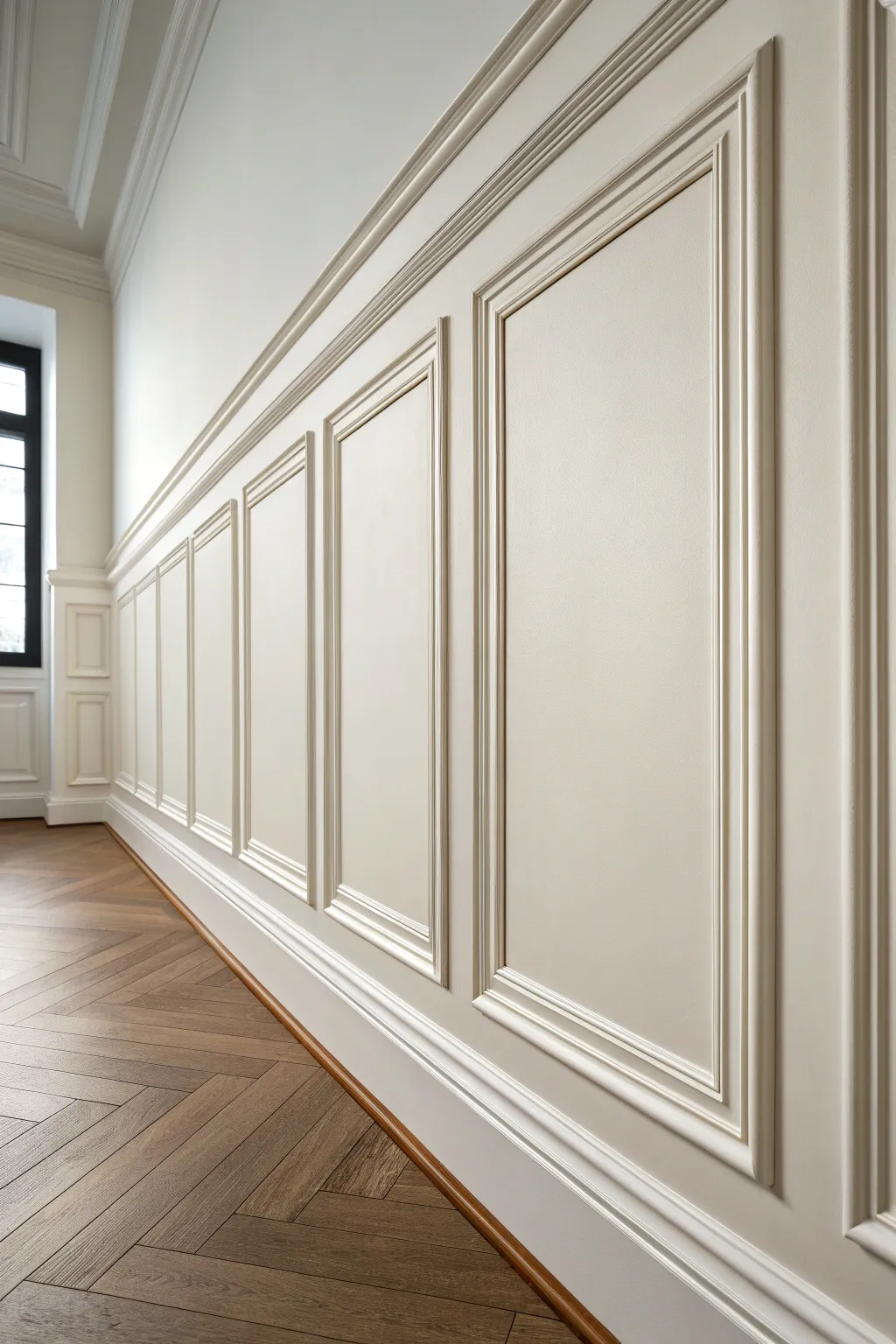 Faux paneling with painted lines for elegant depth on a minimalist wall, no molding required.