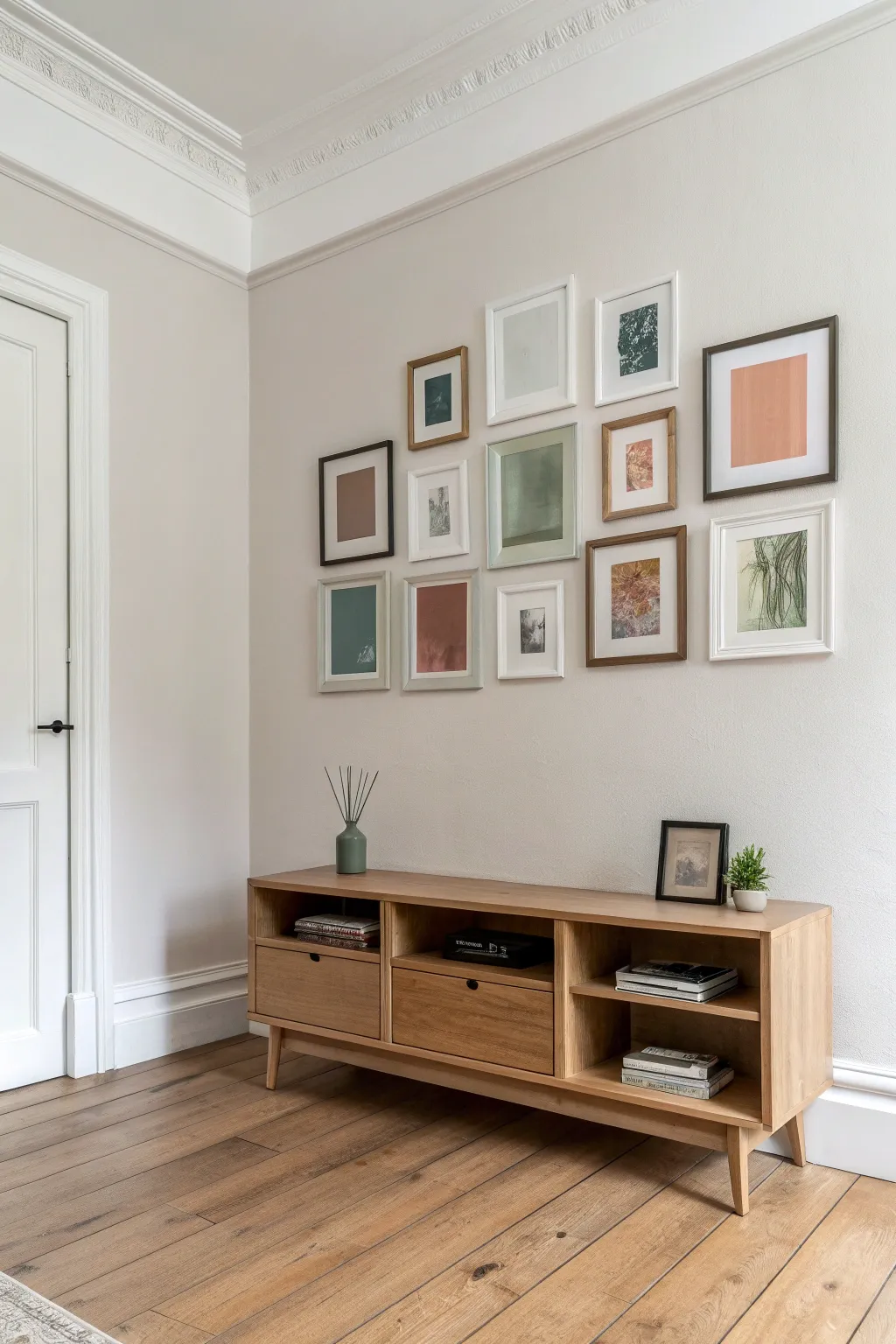 Painted frame outlines create a modern wall gallery vibe with soft Scandinavian-boho color harmony
