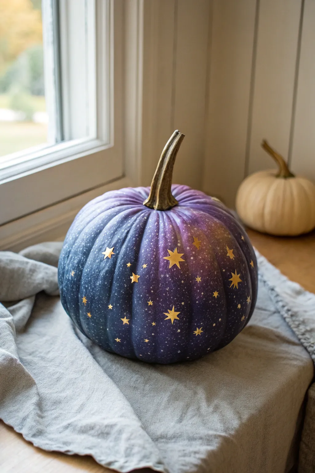 Galaxy-painted warty pumpkin with starlit warts, minimalist boho mood and crisp contrast.