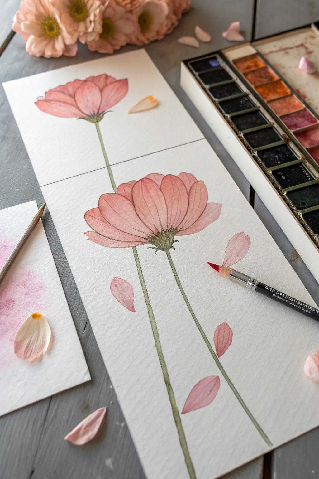 Transparent watercolor layering builds petal depth from a light wash to softly realistic bloom.