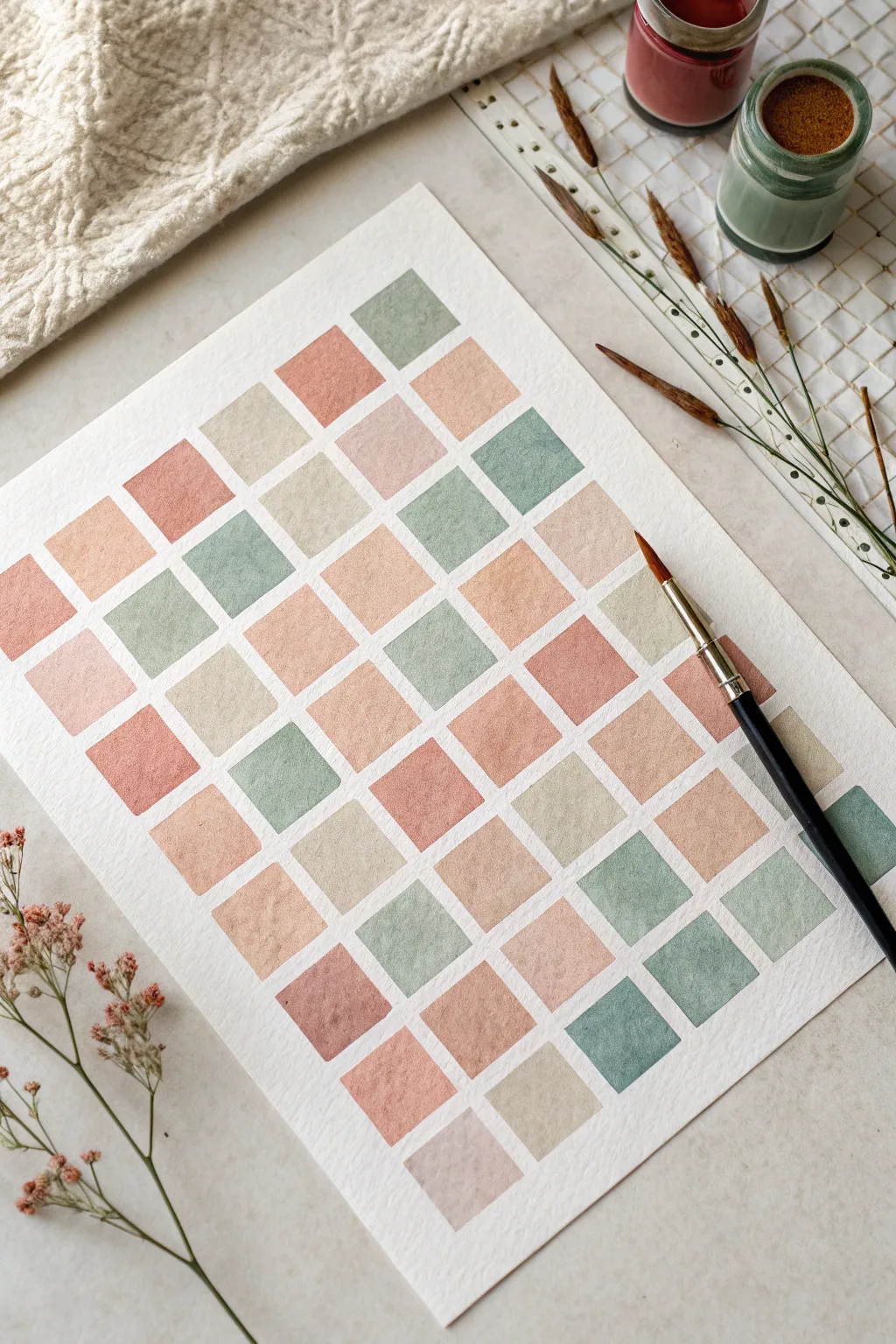 Simple watercolor pattern tiles in a calm boho palette, perfect for playful practice.