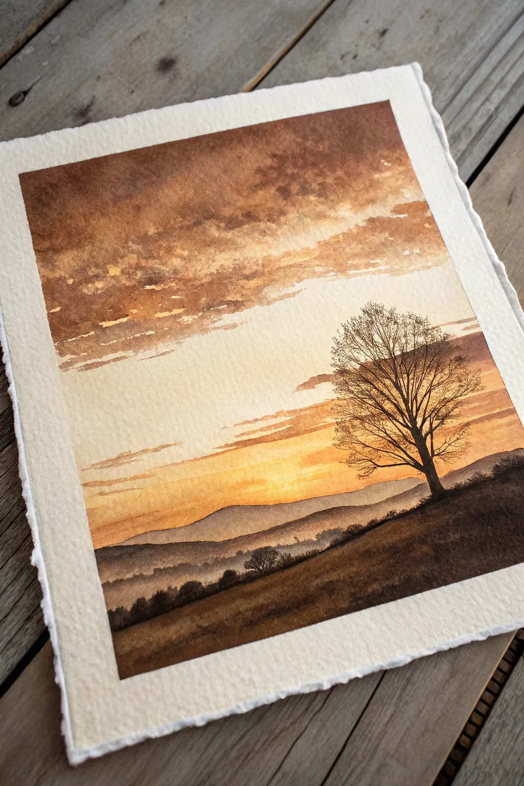 Warm monochrome sunset in browns and golds, glowing through values with a bold silhouette.