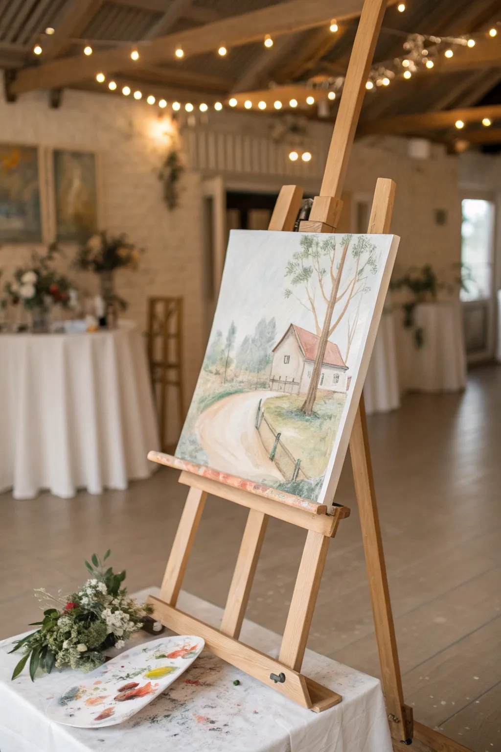 A live wedding painting in progress transforms the reception into an unforgettable gift.