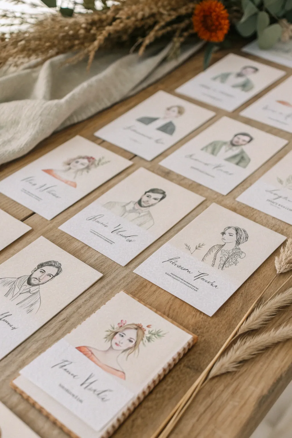 Guest sketch mini portraits laid in rows, a chic wedding keepsake idea with soft boho light