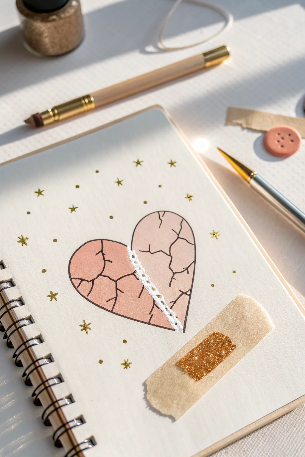 A cracked heart mended with a tiny bandage and sparkles, simple and sweetly whimsical.