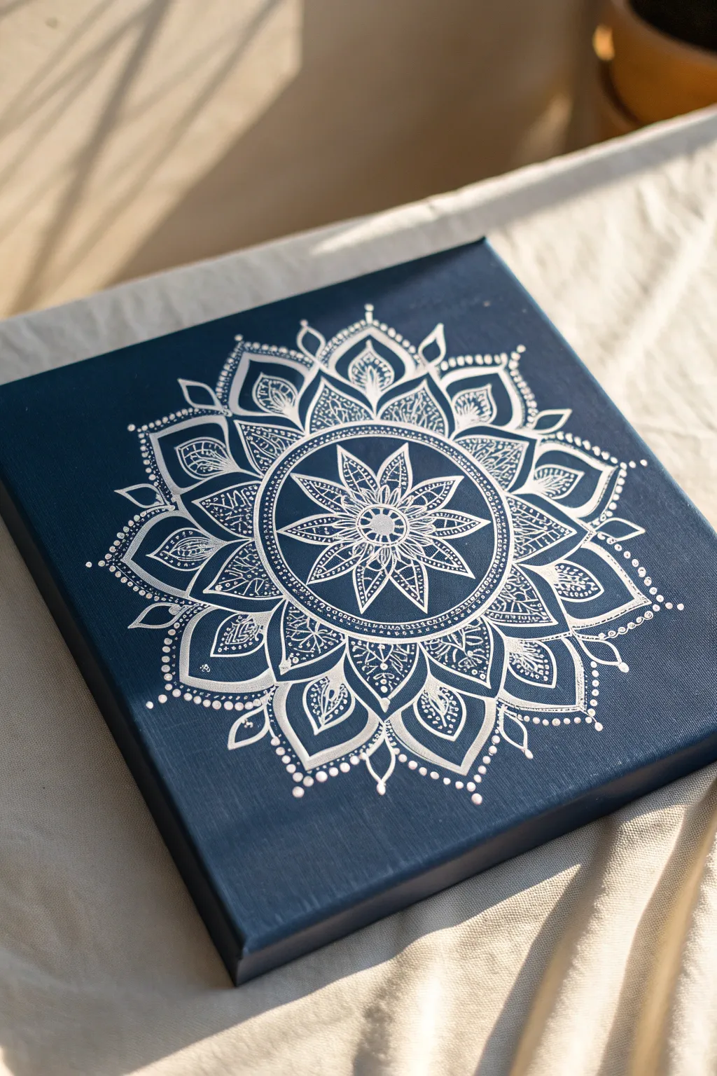 Crisp white mandala on deep navy canvas, minimalist and calming with boho warmth.