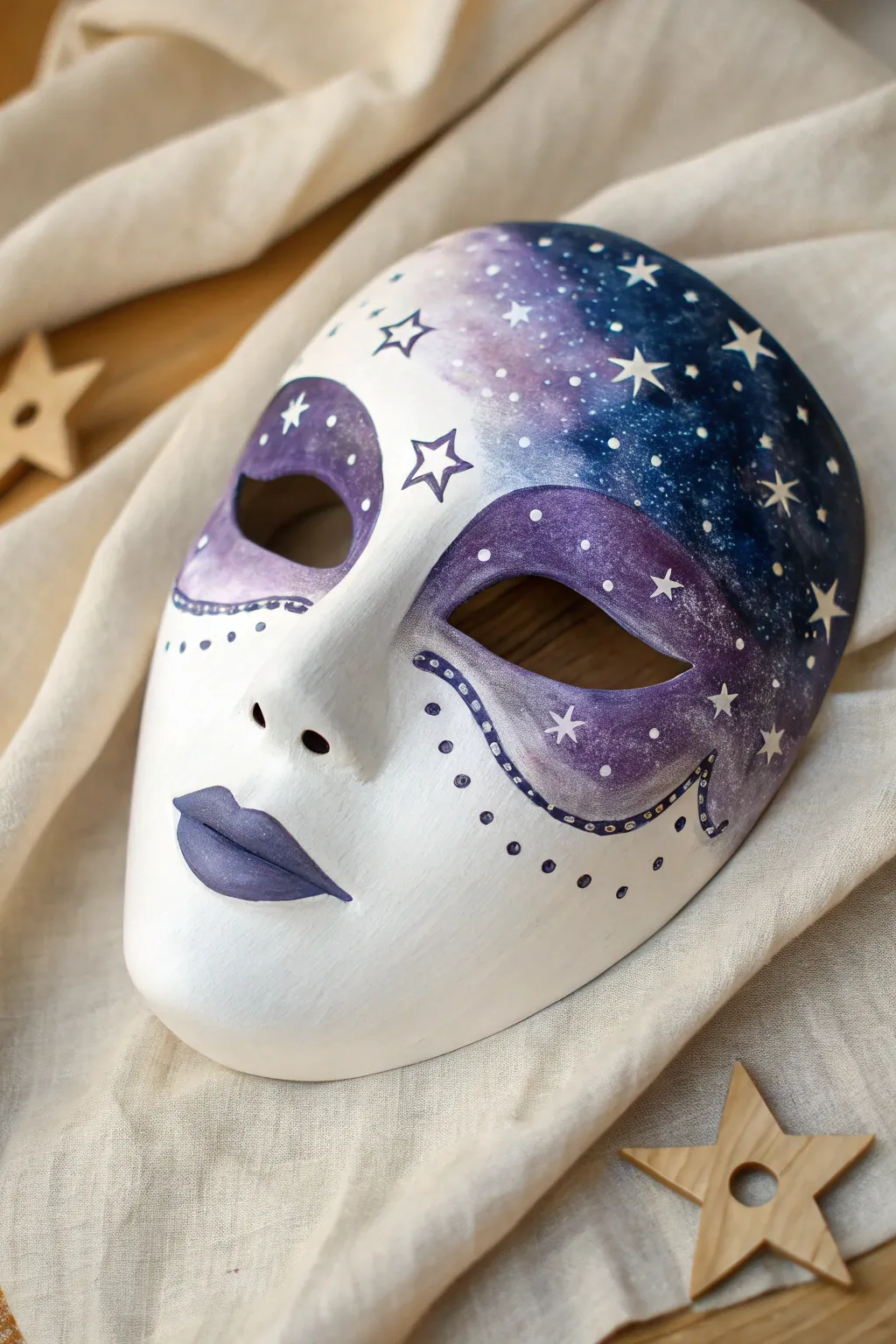 White mask painted as a galaxy night sky with crisp stars and dreamy nebula tones
