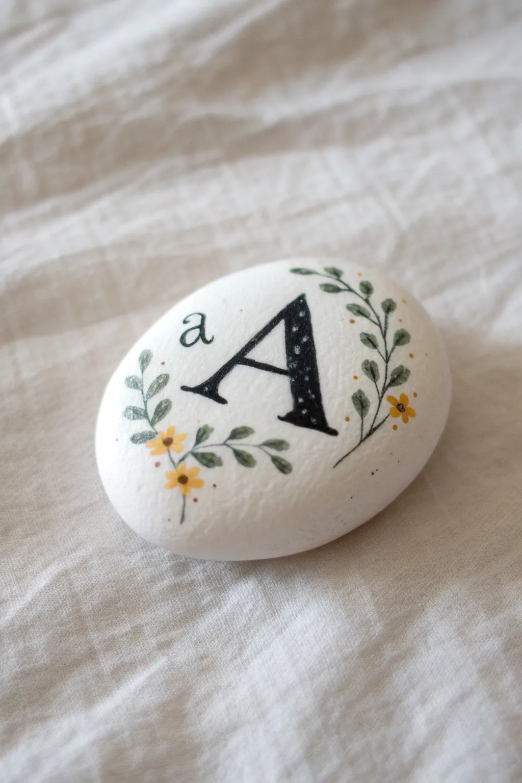 White rock with bold black initial and tiny florals, clean Scandinavian minimalism with boho charm
