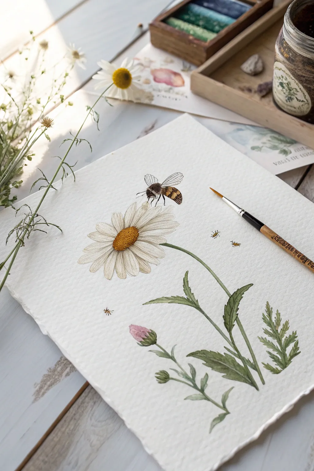 A single wildflower bloom with a tiny bee and butterfly dancing close to the petals