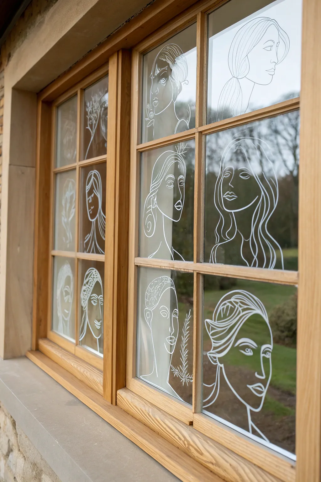 Minimal one-line portraits on a sunlit window, like a serene mini gallery in glass.