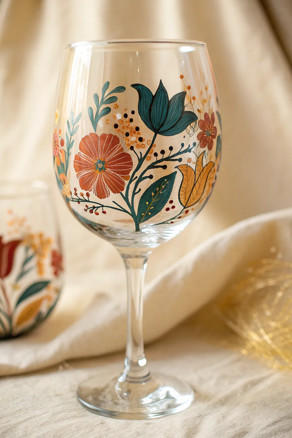 Boho folk flowers on a painted wine glass, bold petals and playful dotted details.