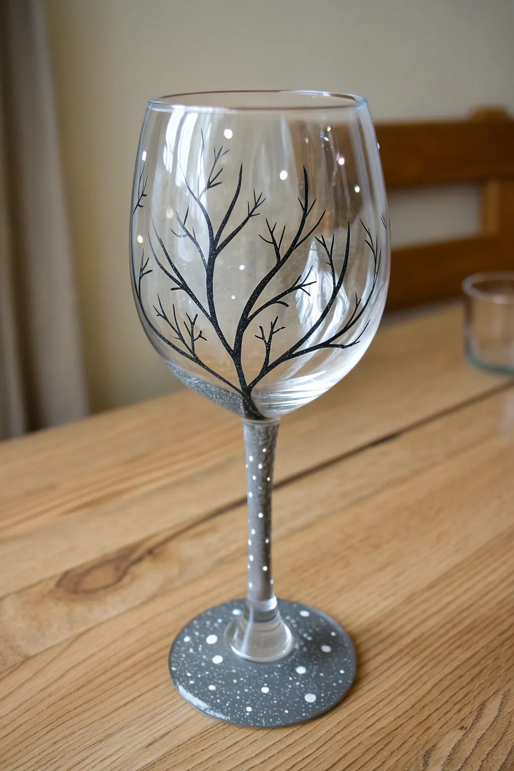 Beginner friendly frosted branch wine glass with soft dry brushed highlights in cozy neutral styling