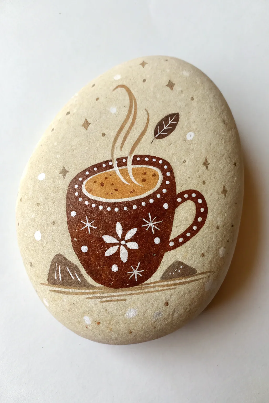 Cozy hot cocoa mug rock with gentle steam and snowy dots, perfect for winter painting