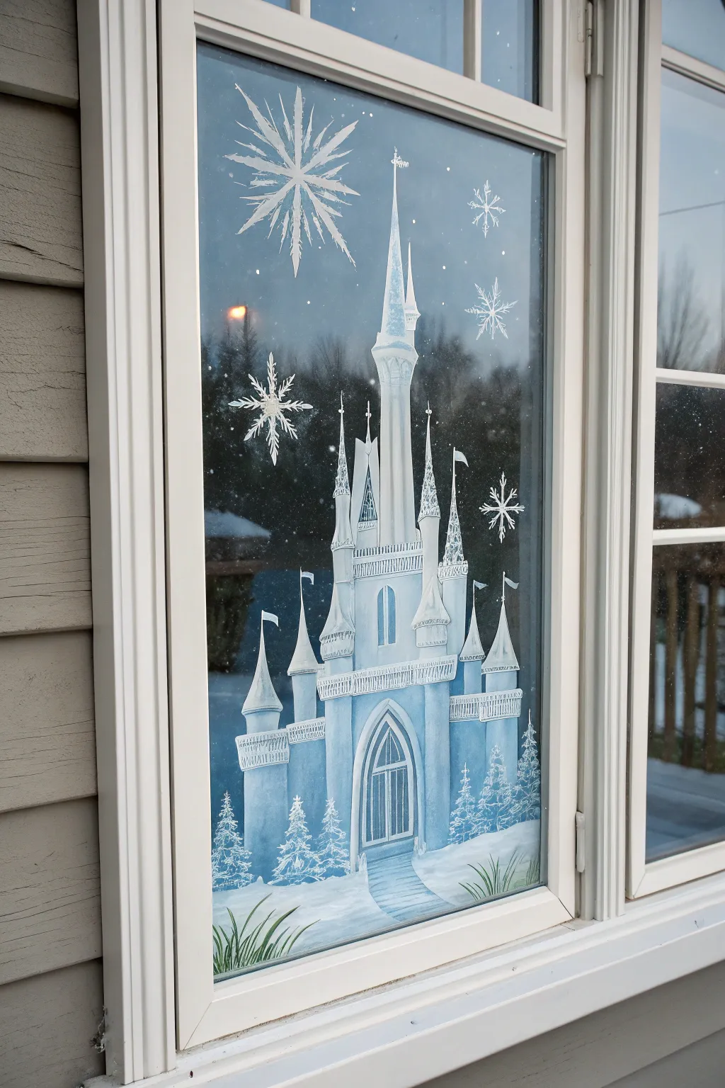 Whimsical ice castle window painting in pale blues and crisp whites, sparkling with snowy magic.