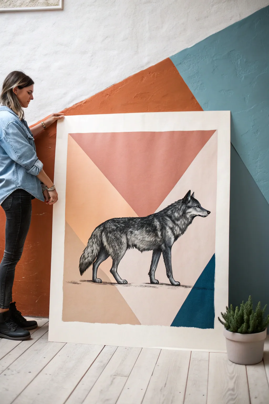 Abstract wolf silhouette on bold color blocks, minimalist Scandinavian vibe with boho warmth.