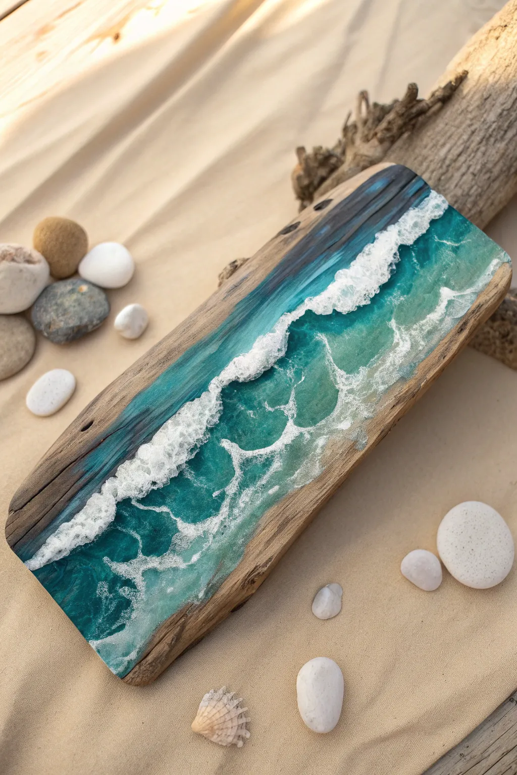 Layered ocean waves painted on driftwood, a calm coastal craft with minimalist boho style.