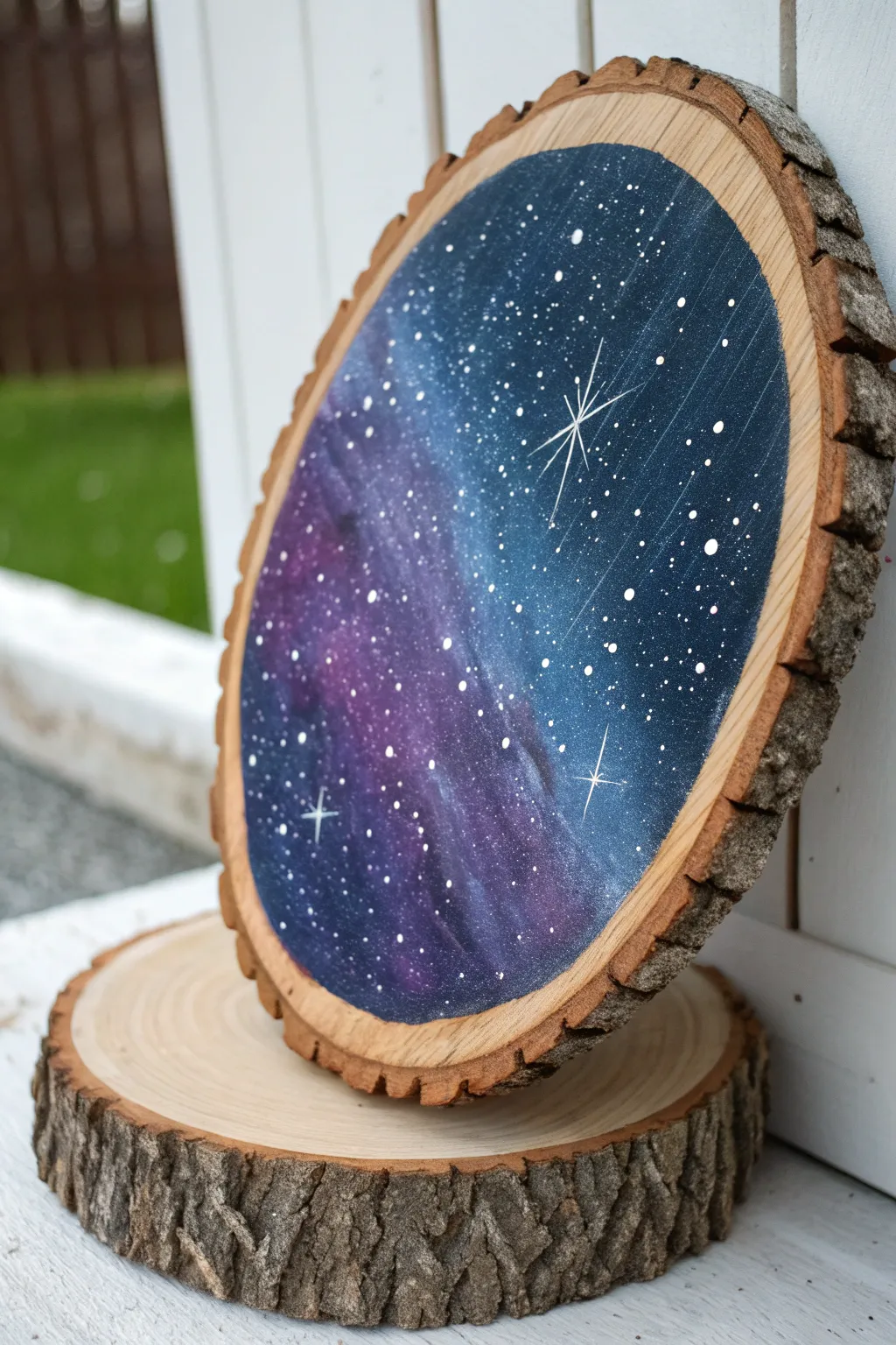 Galaxy night sky wood slice painting with tiny star clusters and a natural bark edge