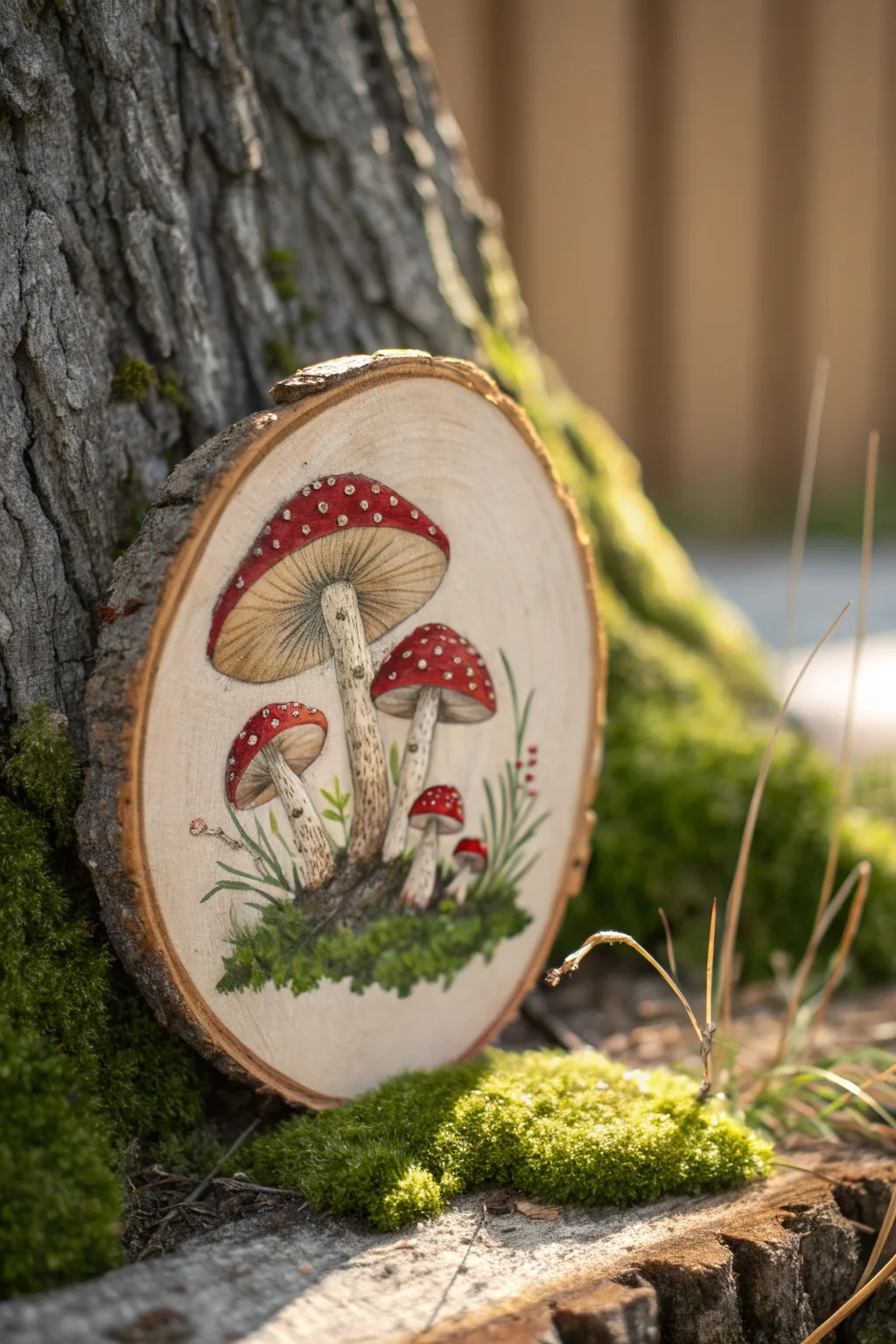 Wood slice mushroom cluster painting with earthy contrast and clean Scandinavian boho styling