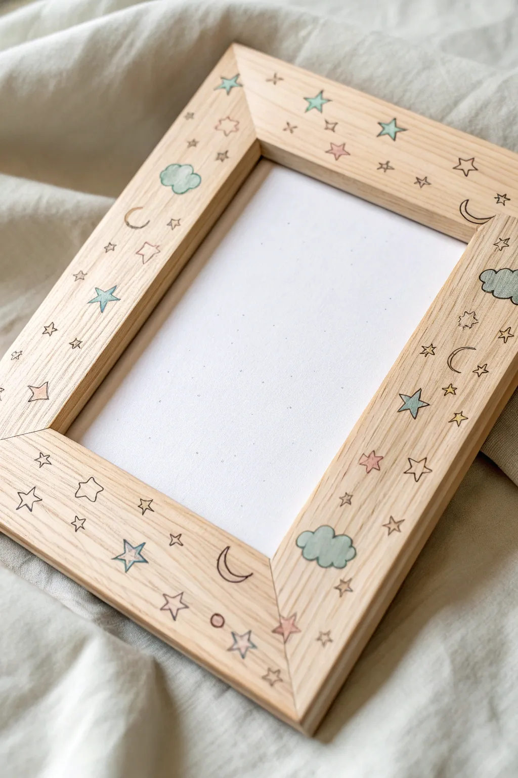 Sweet nursery doodles on a wooden frame: stars, moons and clouds in soft pastel tones.