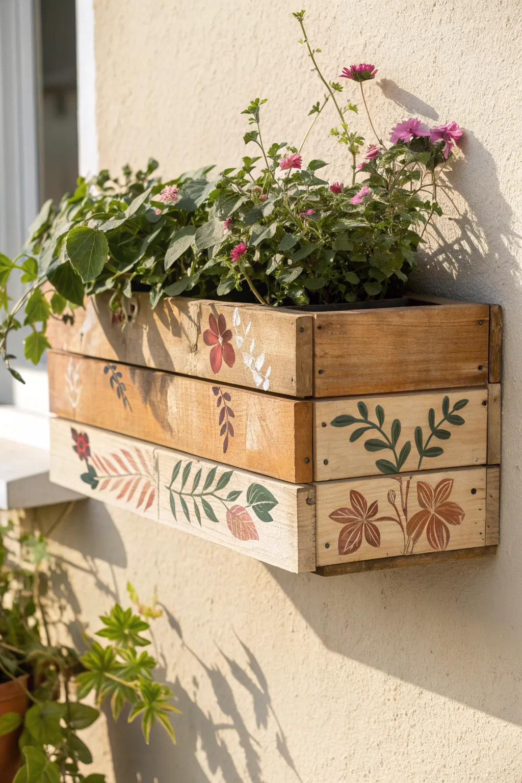 Pallet planter box with hand-painted florals and fresh greenery in bright, minimal outdoor light