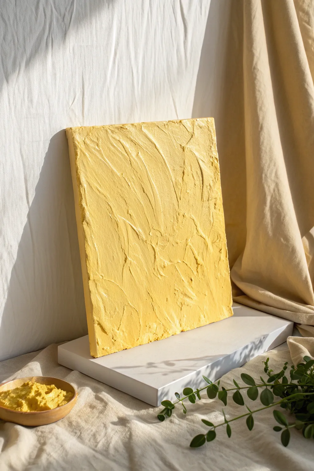 Buttery yellow impasto swatches glowing in natural light, a minimalist texture sampler