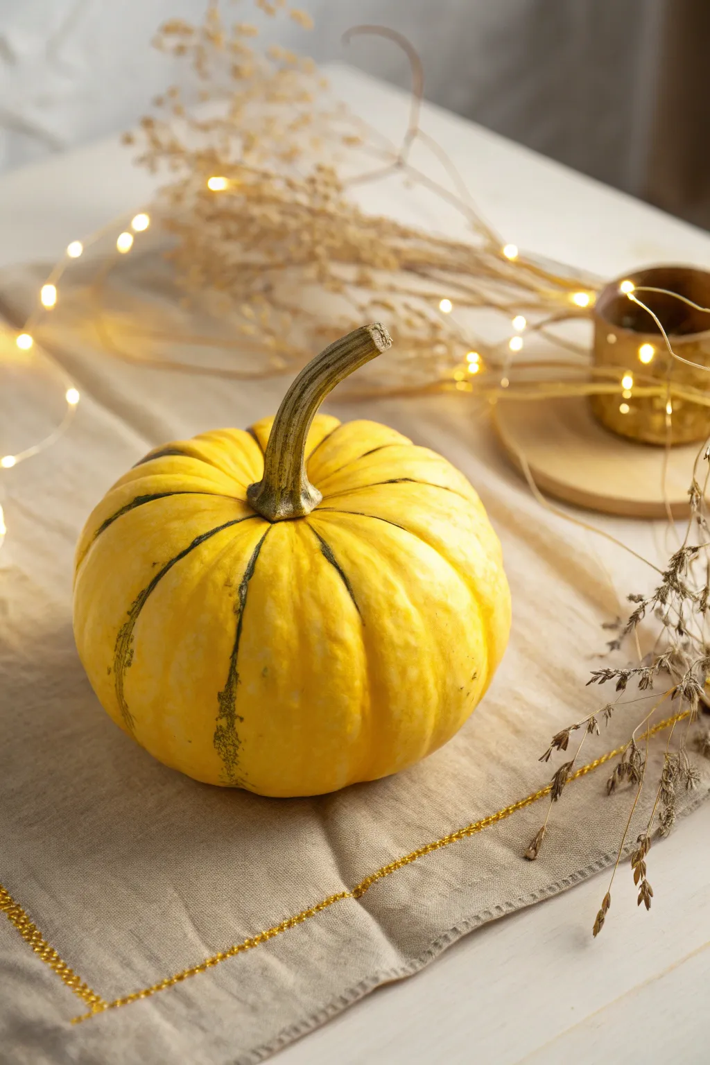 Golden-kissed yellow pumpkin with delicate metallic ridges, softly lit for warm minimalist charm.