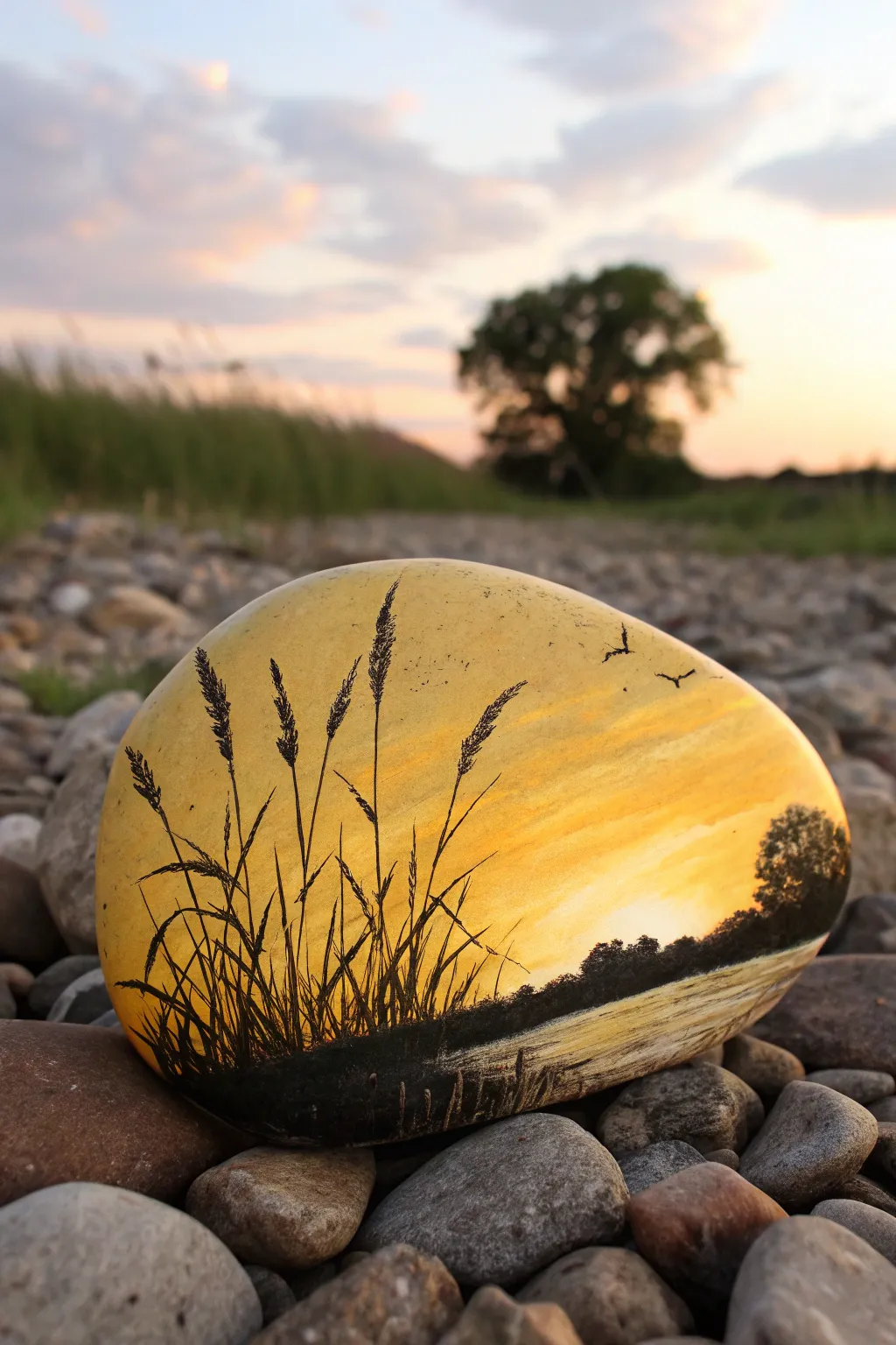 Paint a glowing yellow sunset on a rock with bold black grasses for a simple boho vibe
